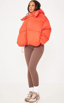 Tomato Red Peached Oversized Hooded Puffer Coat