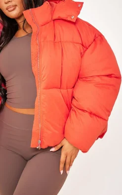 Tomato Red Peached Oversized Hooded Puffer Coat
