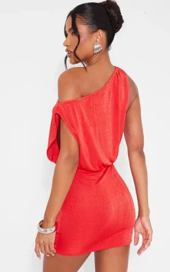 Tomato Red Slinky Acetate Draped Side Bodycon Dress