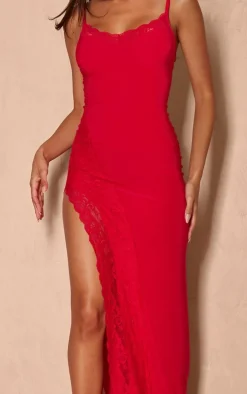 Tomato Red Slinky Lace Trim Split Detail Maxi Dress
