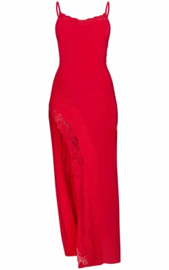 Tomato Red Slinky Lace Trim Split Detail Maxi Dress