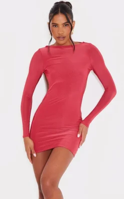 Tomato Red Slinky Long Sleeve Open Twist Back Mini Dress