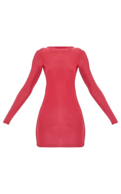 Tomato Red Slinky Long Sleeve Open Twist Back Mini Dress