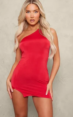 Tomato Red Slinky One Shoulder Asymmetric Bodycon Dress