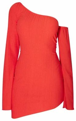 Tomato Red Textured Asymmetric One Sleeve Mini Dress
