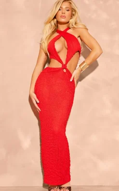 Tomato Red Textured Halterneck Cross Front Maxi Dress