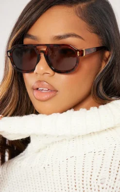 Tortoiseshell Round Frame Bar Aviator Sunglasses