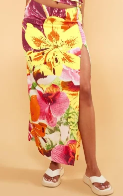 Tropical Floral Print Frill Maxi Skirt