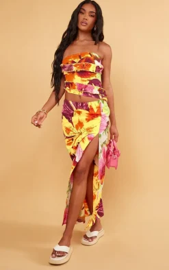 Tropical Floral Print Longline Bandeau Frill Top