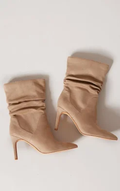 Truffle Faux Suede Point Toe Ruched High Heeled Ankle Boots