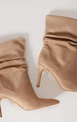 Truffle Faux Suede Point Toe Ruched High Heeled Ankle Boots