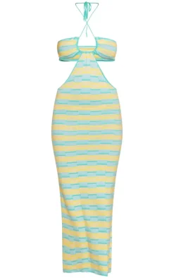 Turquoise Contrast Textured Knit Cut Out Halterneck Maxi Dress