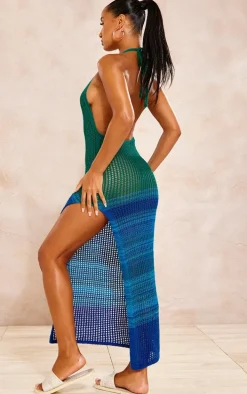 Turquoise Crochet Halter Neck Space Dye Maxi Dress