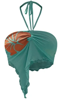Turquoise Floral Print Mesh Bandeau Frill Top