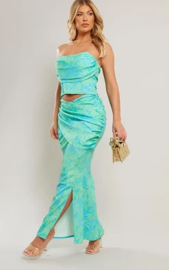 Turquoise Floral Print Woven Drape Front Midaxi Skirt