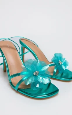 Turquoise Metallic Pu Flower Lace Up Heeled Sandals
