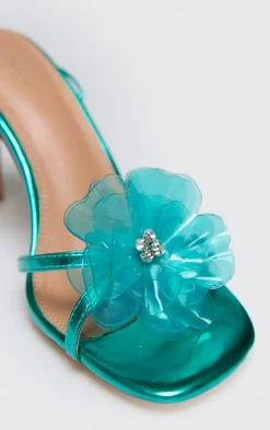 Turquoise Metallic Pu Flower Lace Up Heeled Sandals