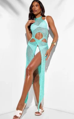 Turquoise Sequin Knit Cut Out Maxi Dress