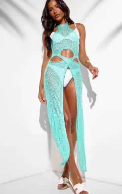 Turquoise Sequin Knit Cut Out Maxi Dress