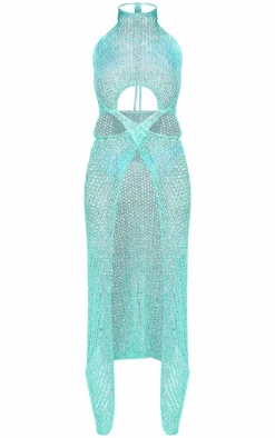 Turquoise Sequin Knit Cut Out Maxi Dress