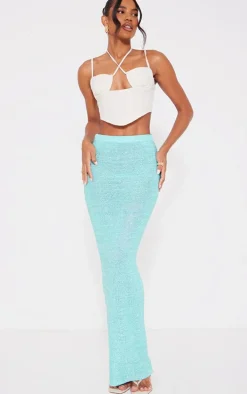 Turquoise Sequin Knit Side Split Maxi Skirt