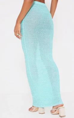Turquoise Sequin Knit Side Split Maxi Skirt