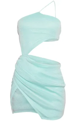 Turquoise Textured Glitter Detail Cut Out One Shoulder Bodycon Dress