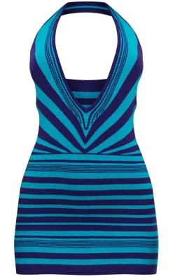 Turquoise Two Tone Abstract Stripe Knit Plunge Dress
