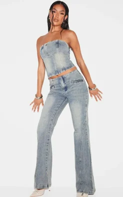 Vintage Asymmetric Waistband Jet Zip Detail Flared Jeans