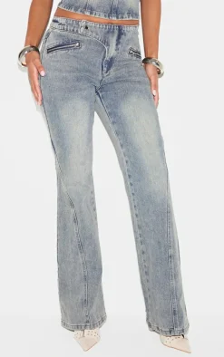 Vintage Asymmetric Waistband Jet Zip Detail Flared Jeans