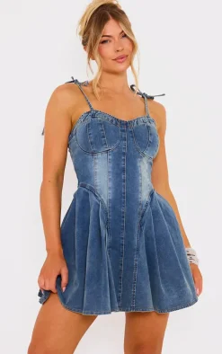 Vintage Binding Detail Denim Skater Mini Dress