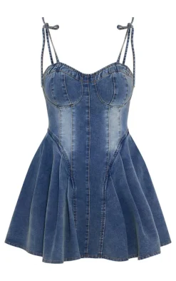 Vintage Binding Detail Denim Skater Mini Dress