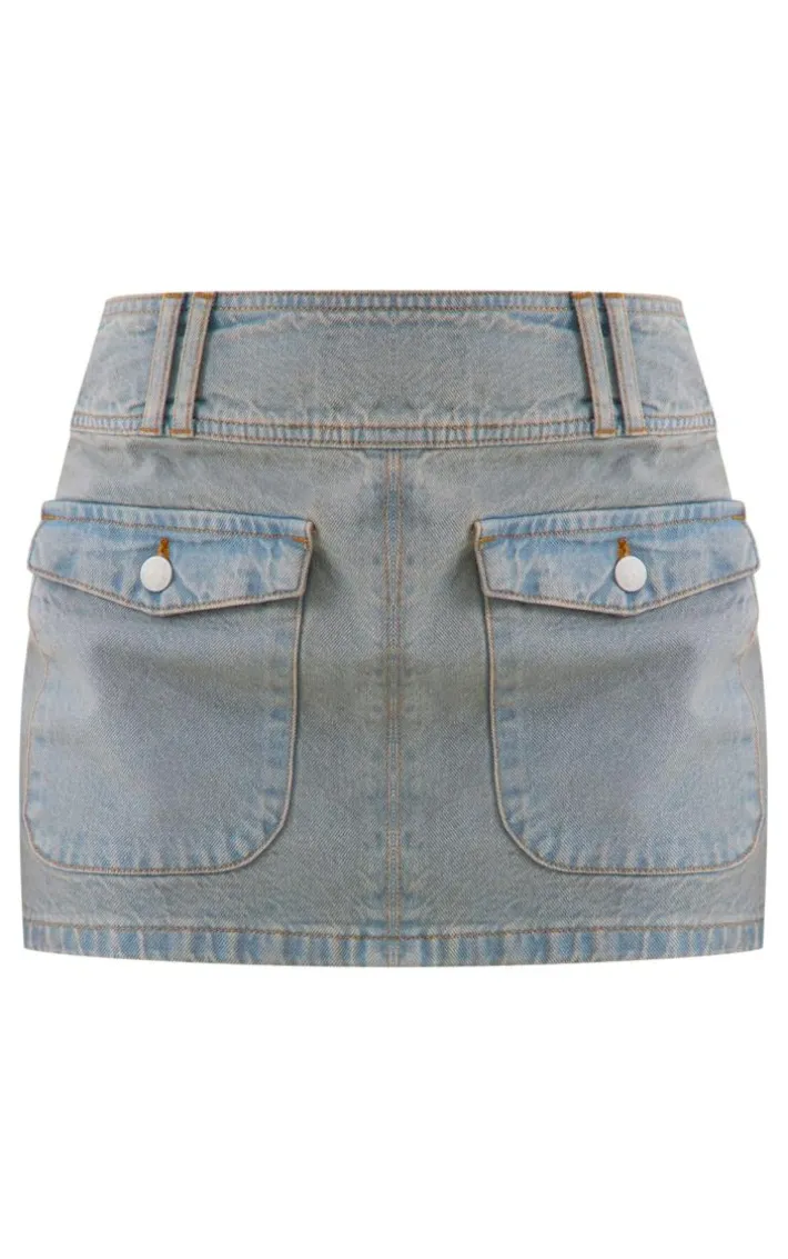 Vintage Bleach Wash Pocket Front Denim Mini Skirt