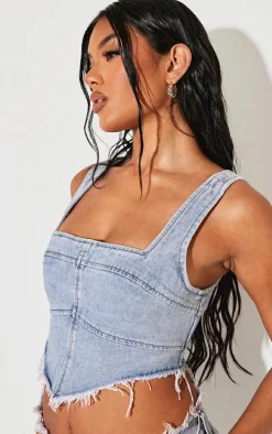 Vintage Bleach Wash Raw Hem Denim Corset
