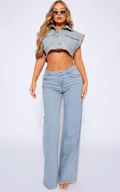 Vintage Bleach Wash Sleeveless Raw Edge Cropped Denim Jacket