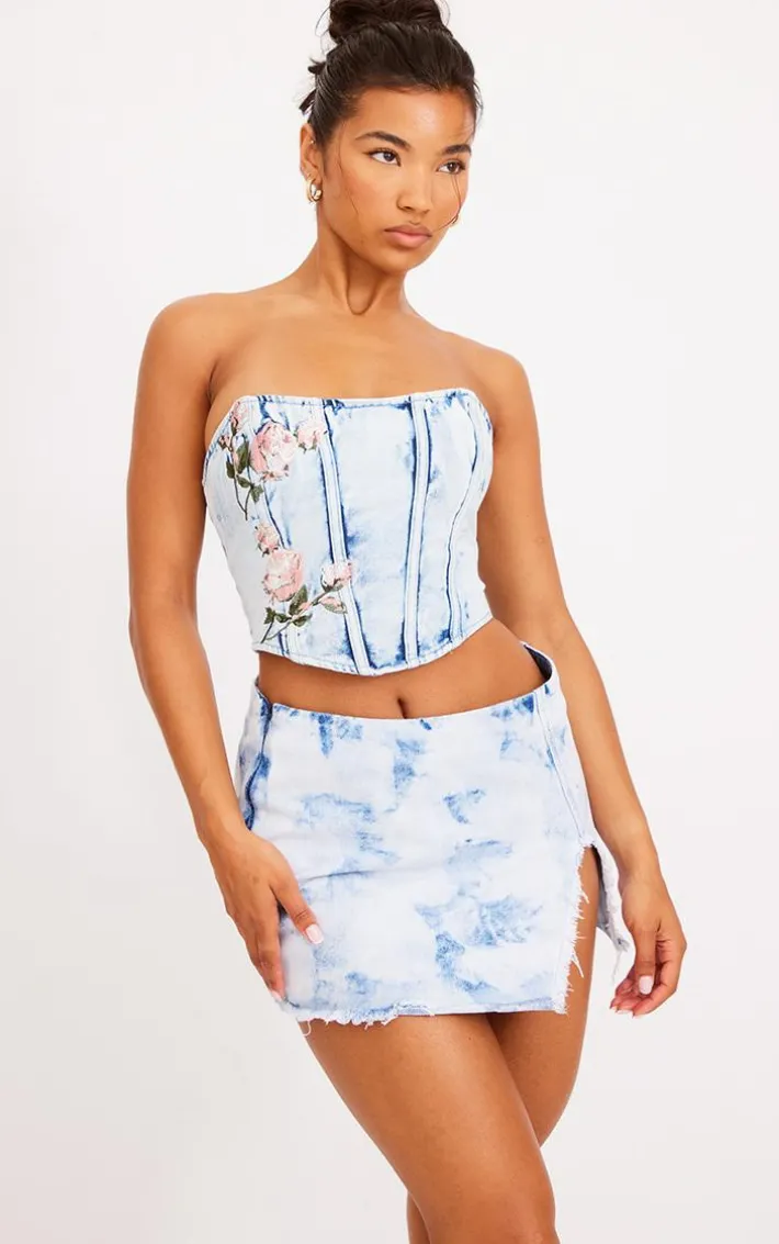 Vintage Bleach Wash Split Detail Micro Mini Denim Skirt