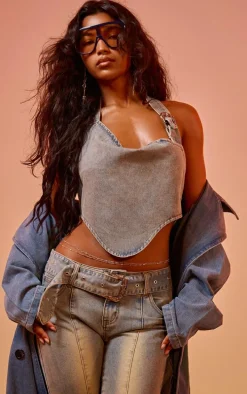 Vintage Blue Wash Buckle Detail Western Style Denim Top