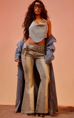 Vintage Blue Wash Buckle Detail Western Style Denim Top