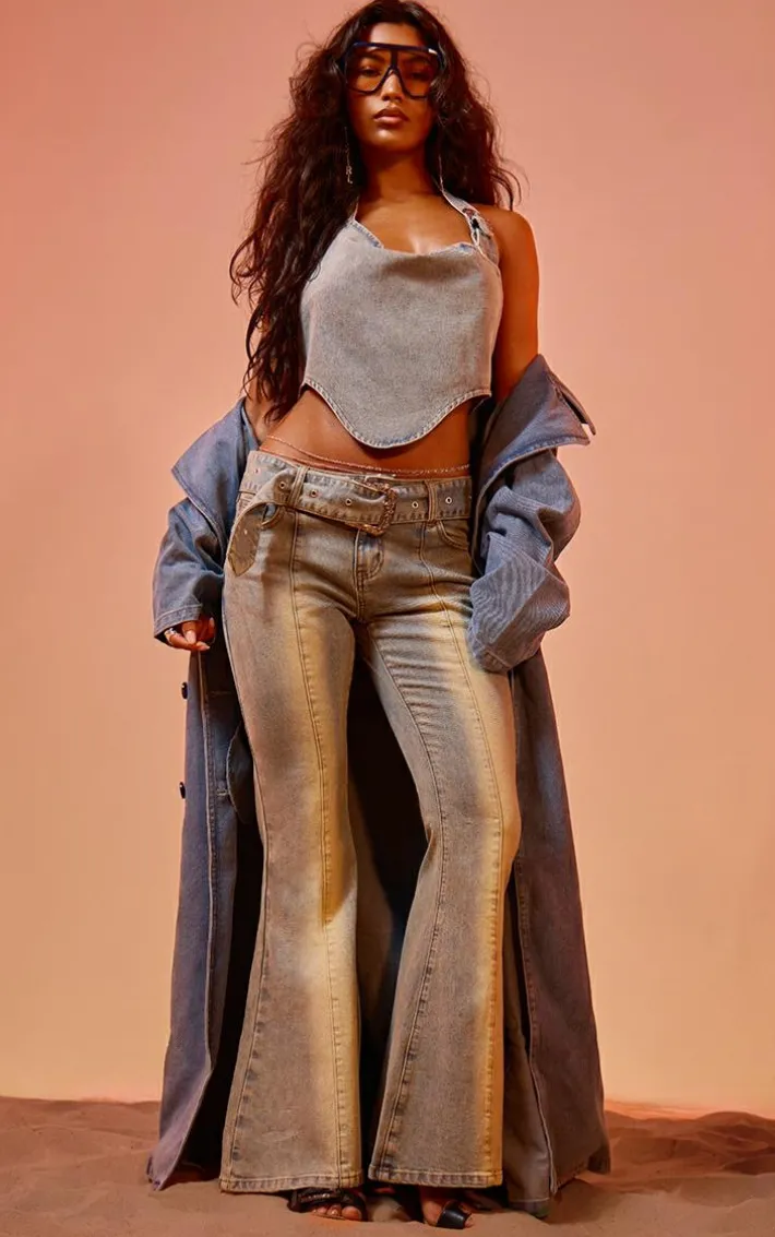 Vintage Blue Wash Buckle Detail Western Style Denim Top