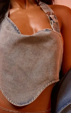 Vintage Blue Wash Buckle Detail Western Style Denim Top