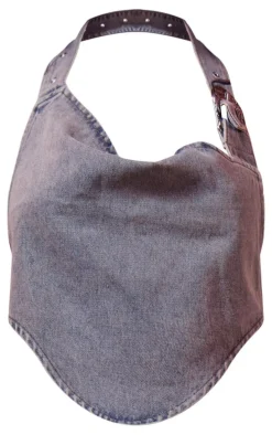 Vintage Blue Wash Buckle Detail Western Style Denim Top