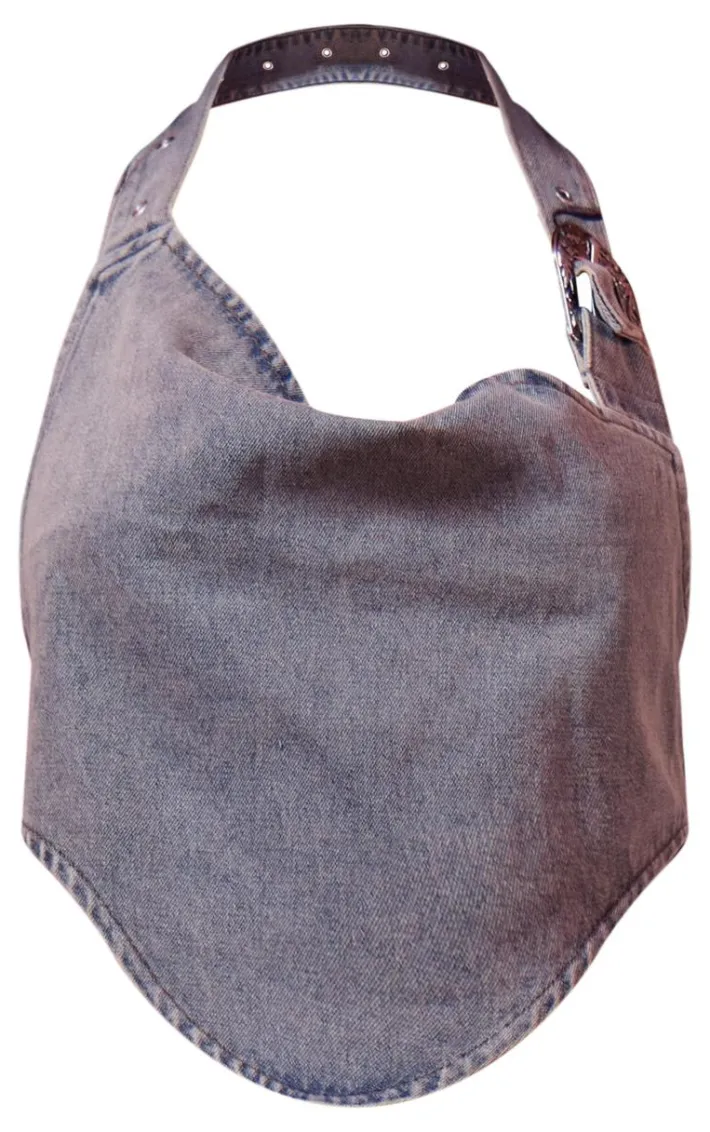 Vintage Blue Wash Buckle Detail Western Style Denim Top