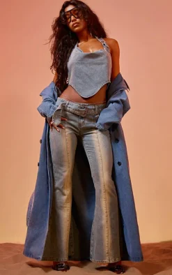 Vintage Blue Wash Buckle Detail Western Style Flared Jeans