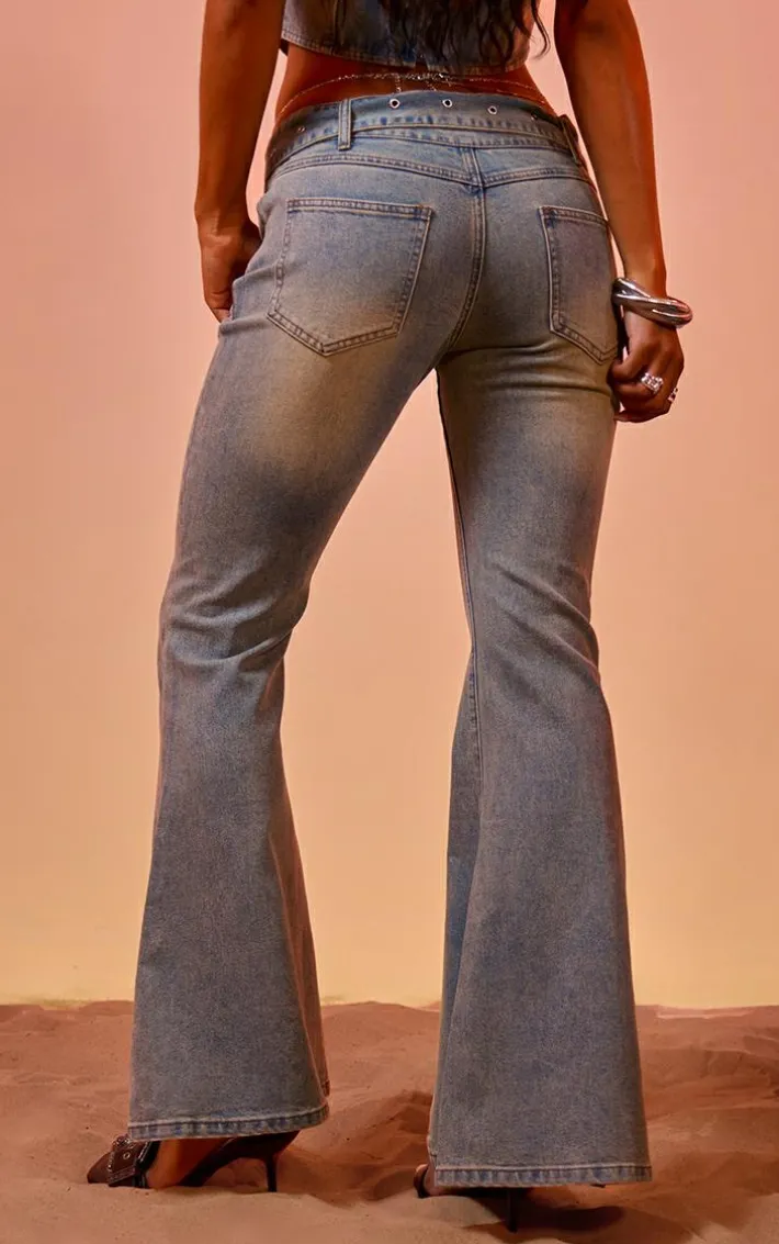 Vintage Blue Wash Buckle Detail Western Style Flared Jeans