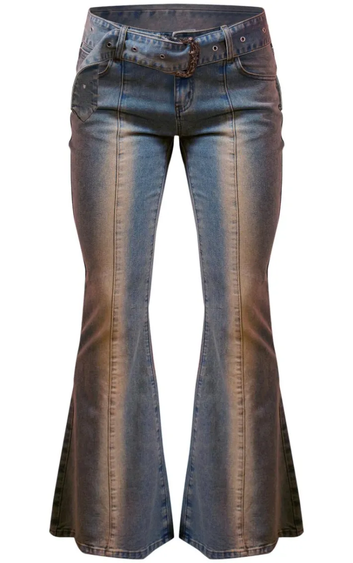 Vintage Blue Wash Buckle Detail Western Style Flared Jeans