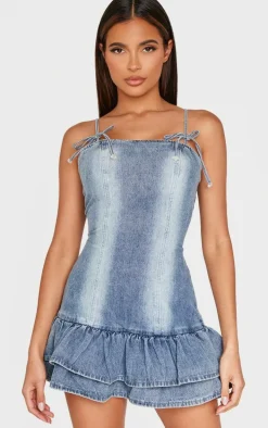 Vintage Bow Detail Puffball Denim Mini Dress