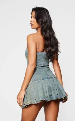 Vintage Corset Detail Pleated Denim Dress
