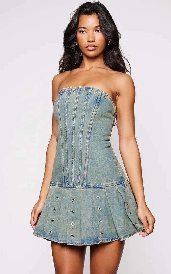Vintage Corset Detail Pleated Denim Dress