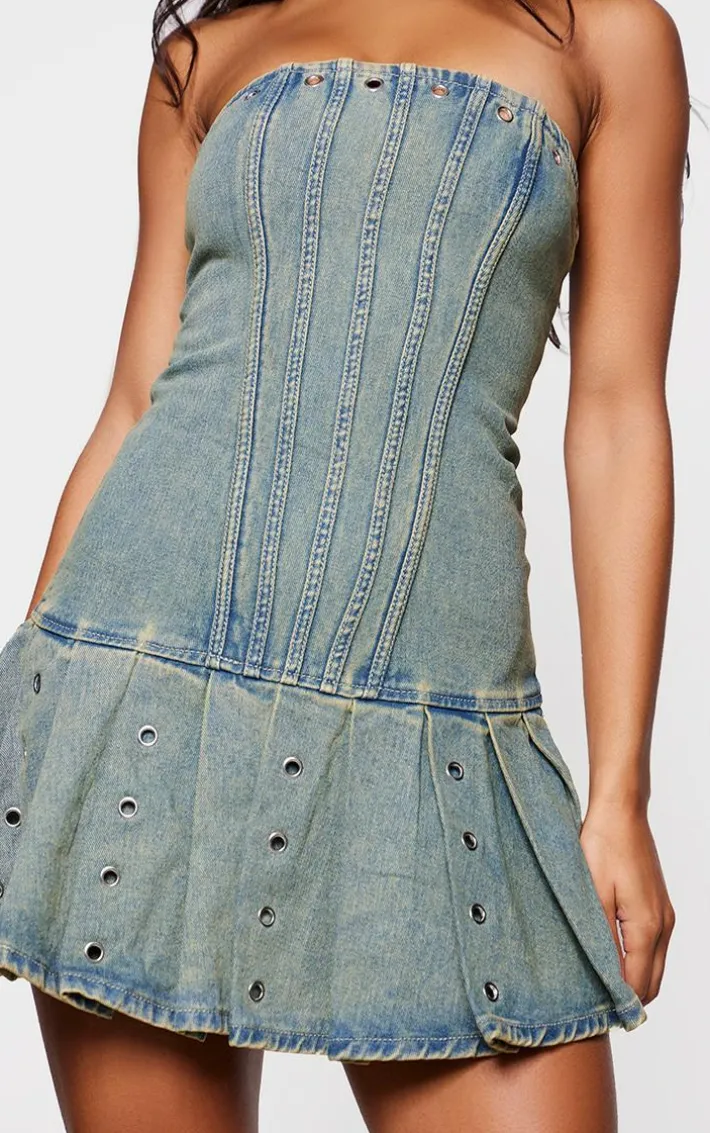 Vintage Corset Detail Pleated Denim Dress