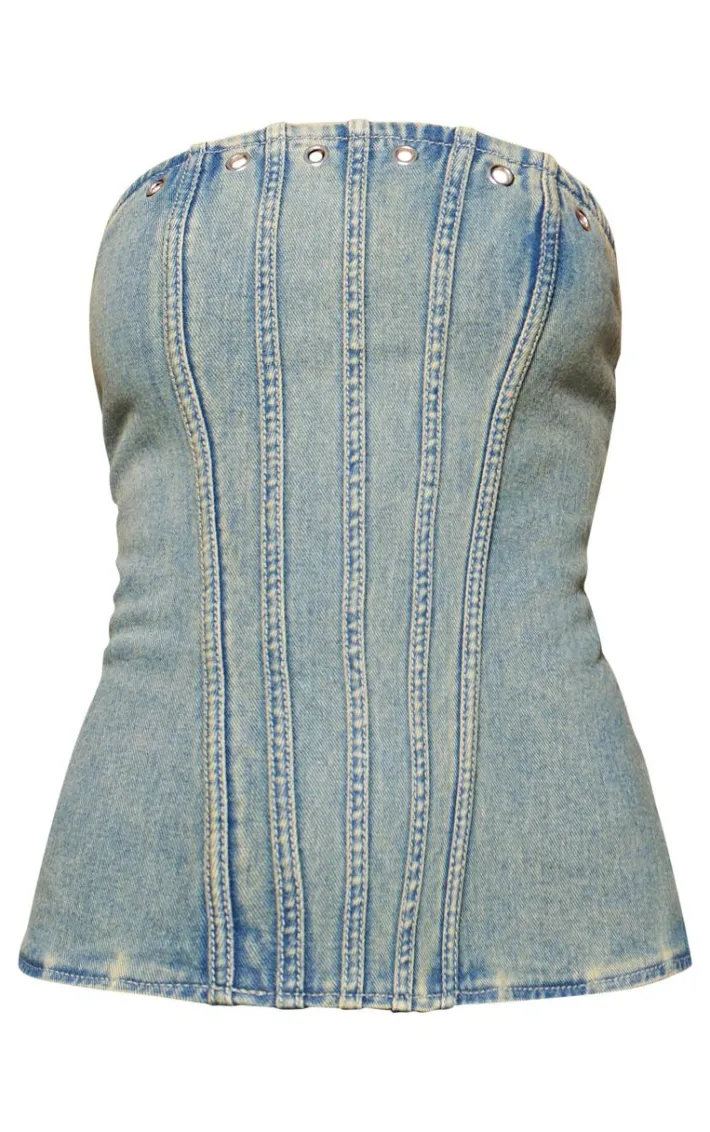 Vintage Corset Detail Pleated Denim Dress